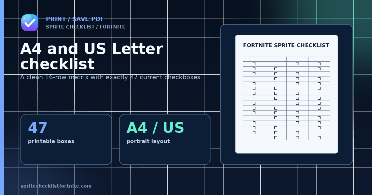 Preview of the current 47-entry Fortnite Sprite printable checklist